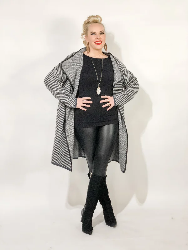 Thick Knit Striped Long Body Wool Jacket - 2 Colors Snapped Jacket Toggled Jacket Drawstring Jacket