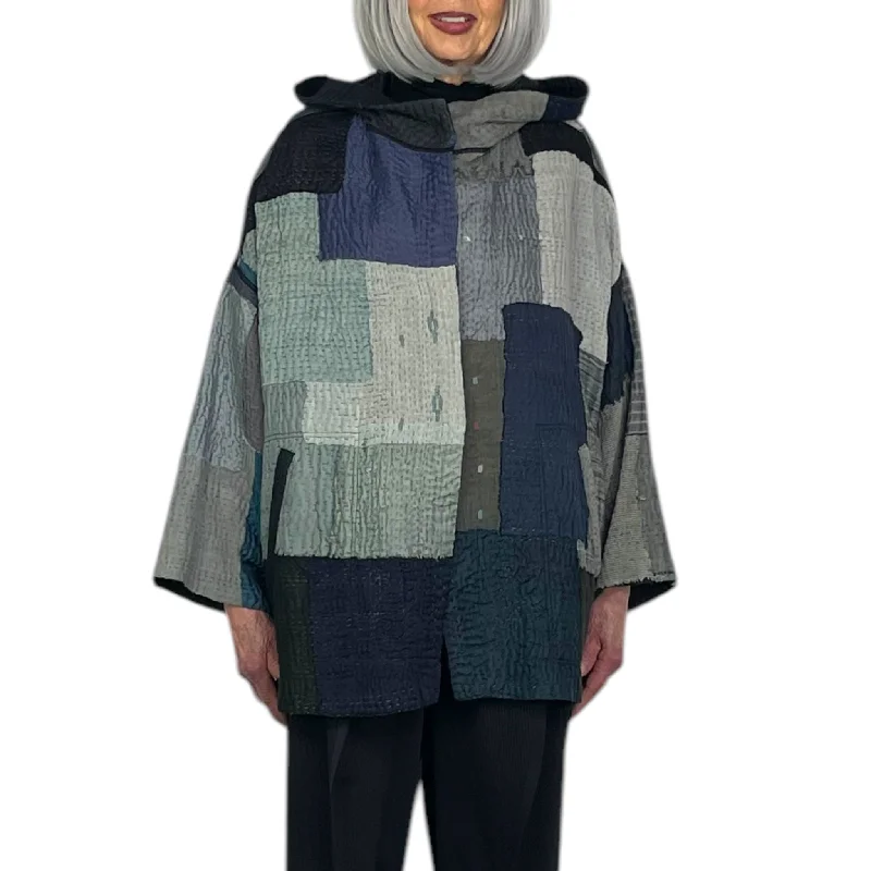 TWO TONE HOODIE PONCHO JACKET Boat Neck Shawl Collar Notched Collar