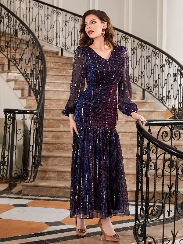 V Neck Ruched Mesh Glitter Dress SD