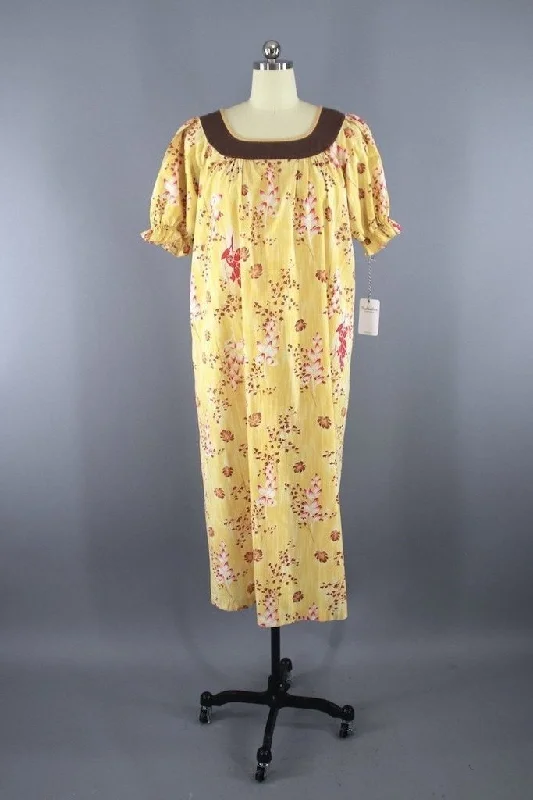 Vintage Yellow Ginger Hawaiian Print Caftan Dress