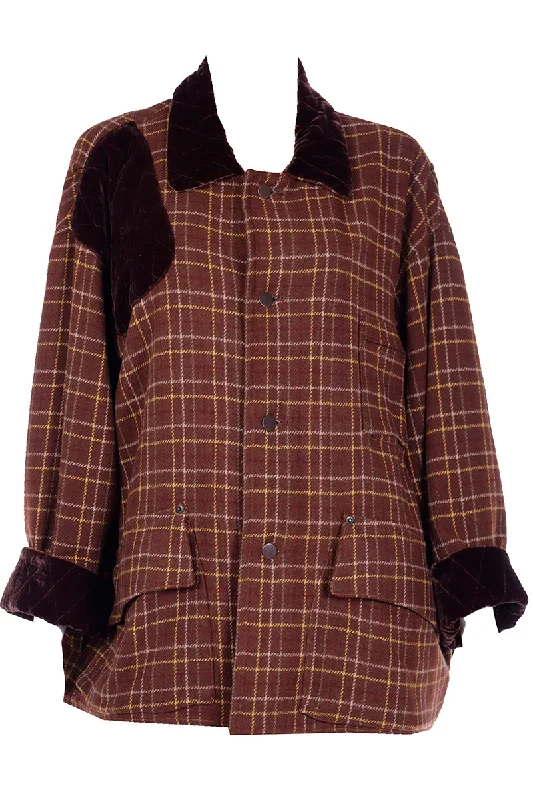 1980s Gordon Henderson Brown Plaid Jacket w/ Velvet Details Wool Jacket Cashmere Jacket Tweed Jacket