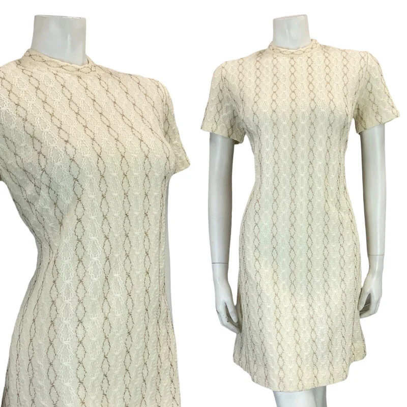 VTG 60S MOD WOOL KNITTED TEXTURE CREAM GOLD SHORT SLEEVE MINI DRESS 11 Stylish Sweetheart Mini Dress