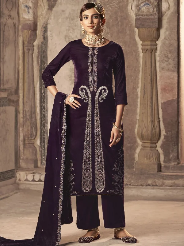 Wine Velvet Embroidered Dress Material