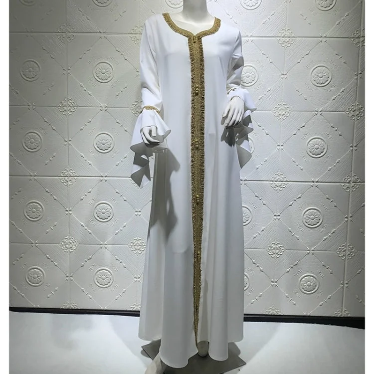 Women Ruffle Sleeve Embroidered Gold Lace Dress (Color:White Size:XL)