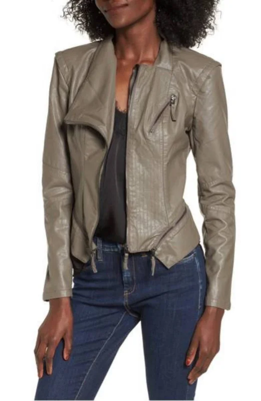 Women's Asymmetrical Collar Gray Leather Jacket WJ054 Chenille Fabric Brocade Fabric Lace Fabric Women's Asymmetrical Collar Gray Leather Jacket WJ054 Chenille Fabric Brocade Fabric Lace Fabric