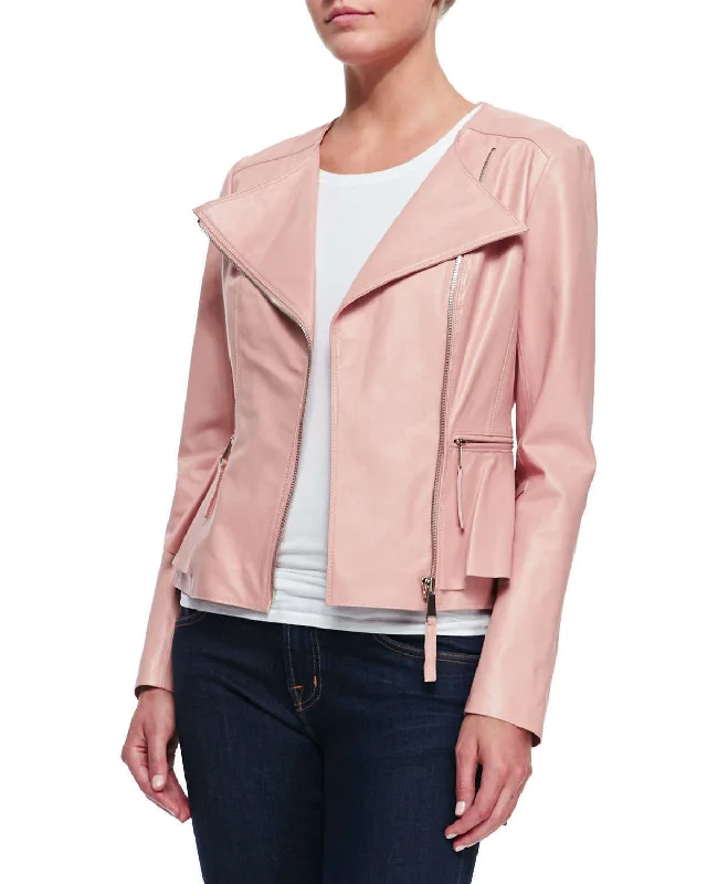 Women's Baby Pink Genuine Leather Jacket WJ049 Stand-Up Collar Roll-Neck Collar Turtle Neck Women's Baby Pink Genuine Leather Jacket WJ049 Stand-Up Collar Roll-Neck Collar Turtle Neck