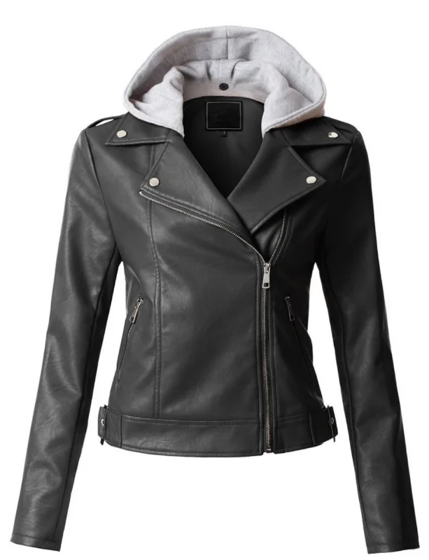 Women's Hooded Genuine Leather Jacket WJ053 Cotton Fabric Linen Fabric Terry Fabric Women's Hooded Genuine Leather Jacket WJ053 Cotton Fabric Linen Fabric Terry Fabric