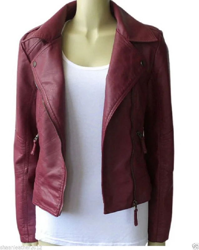 Women's Sleek Maroon Leather Jacket WJ043 Fleece Jacket Down Jacket Feather Jacket