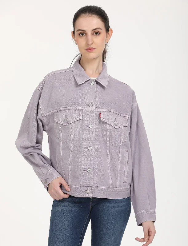 Women's Solid Purple Spread Collar Trucker Jacket Hoodie Zip-Up Jacket Button-Up Jacket