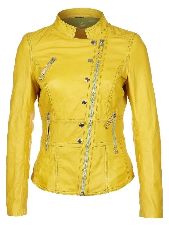 Women's Yellow Chic Zipper Leather Jacket WJ047 Tiered Jacket Buttoned Jacket Zippered Jacket Women's Yellow Chic Zipper Leather Jacket WJ047 Tiered Jacket Buttoned Jacket Zippered Jacket