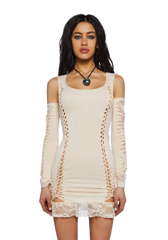 Alternative Spells Mini Dress & Gloves Set-Off White Comfortable Smocked Mini Dress