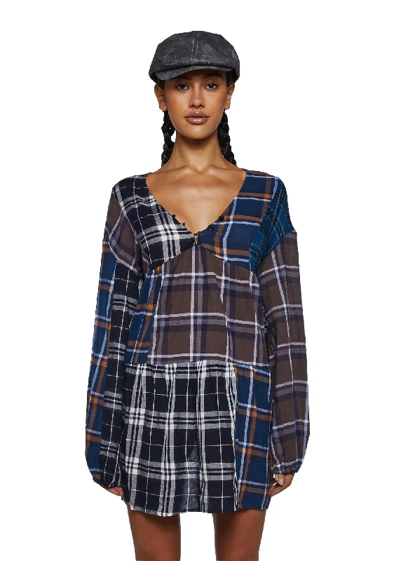 Better Together Plaid Mini Dress- Brown Fashionable Mini Dress with Frills