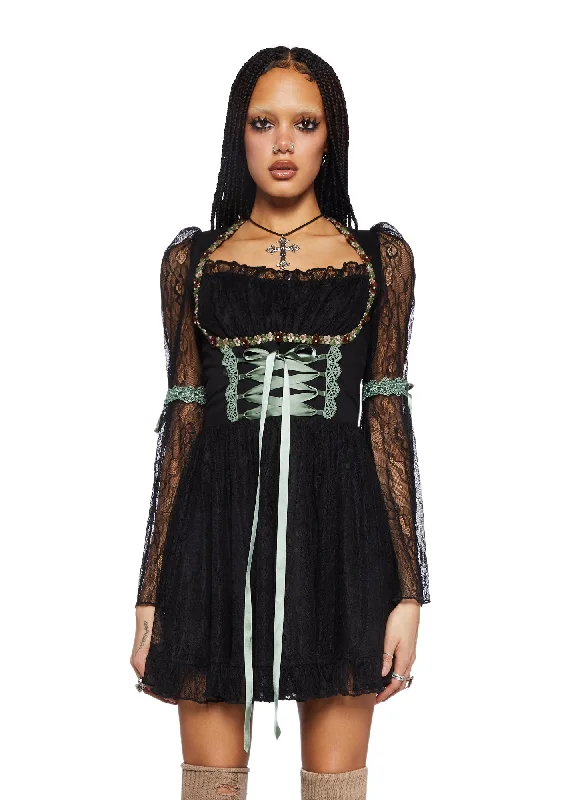 Myths N' Legends Mini Dress - Black Lace Comfortable Off-Shoulder Mini Dress