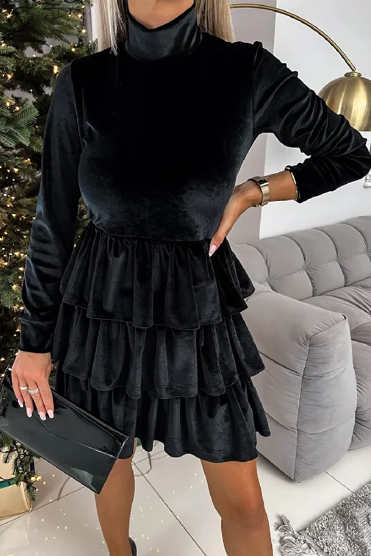 Blue Zone Planet |  Black Velvet High Neck Tiered Ruffle Mini Dress Trendy Off-Shoulder Dress Mini