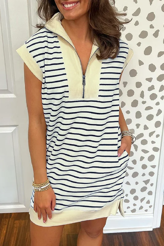 Blue Zone Planet |  Blue Stripe Quarter Zip Collared Cap Sleeve Mini Dress Fashionable Mini Dress with Slits