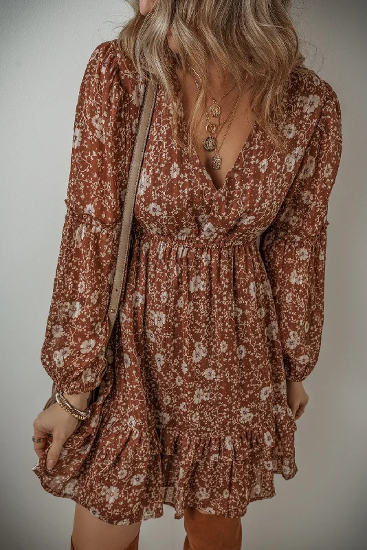 Blue Zone Planet |  Brown Boho Floral Ruffled Puff Sleeve V Neck Mini Dress Classic Solid Mini Dress