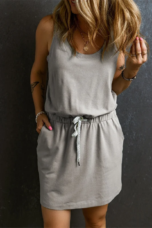 Blue Zone Planet |  Gray Sleeveless Drawstring Waist Mini Dress Cozy Ribbed Mini Dress