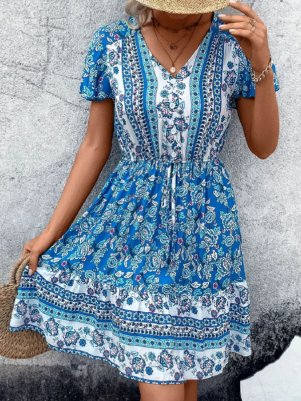 Blue Zone Planet |  Printed V-Neck Flutter Sleeve Mini Dress Stylish Plaid Mini Dress