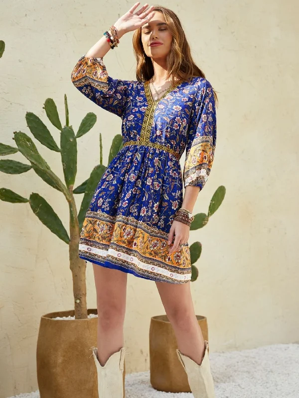 Blue Zone Planet |  Printed V-Neck Mini Dress Trendy Wraparound Mini Dress