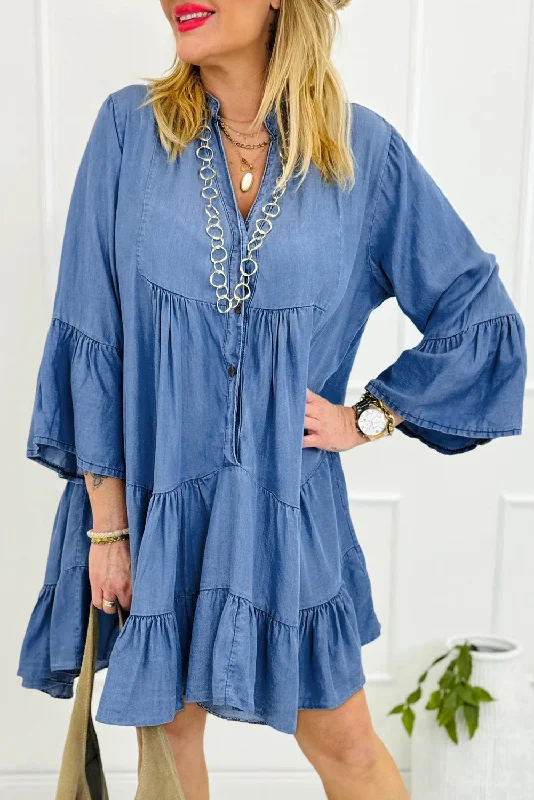 Blue Zone Planet |  Sky Blue Chambray Ruffled 3/4 Sleeve Tiered Split V Neck Mini Dress Comfortable Casual Mini Dress