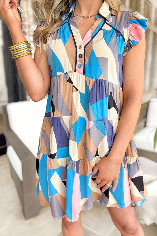 Blue Zone Planet |  Sky Blue Geometric Print Ruffled Cap Sleeve Collared Mini Dress Cozy Sweater Mini Dress