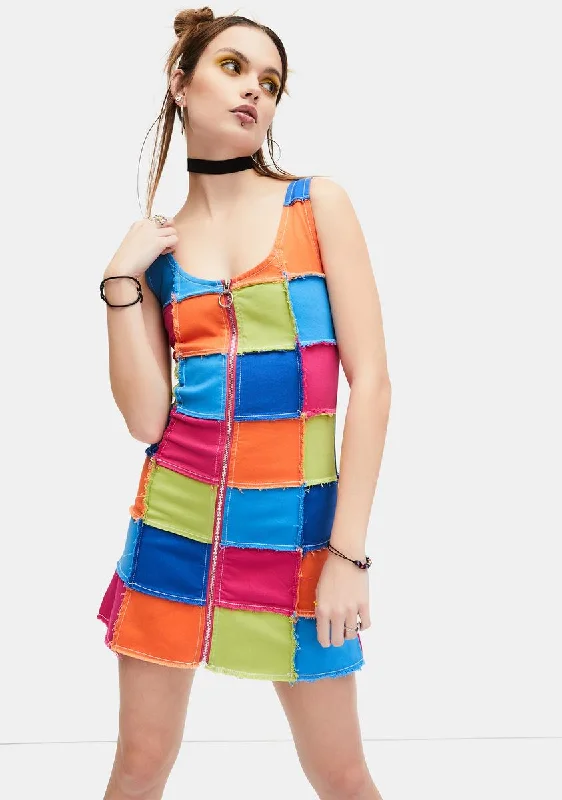 Colorful Life Patchwork Mini Dress Fashionable Mini Dress with Slits