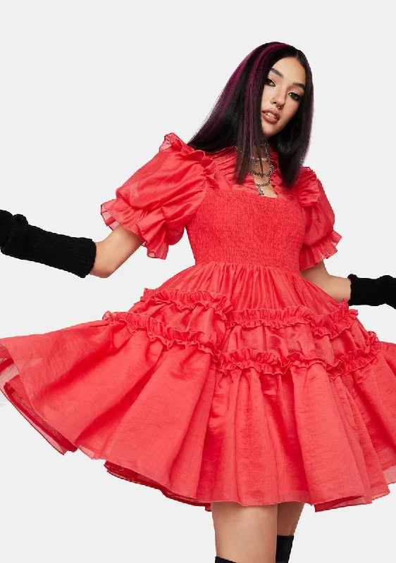 Coral Ruffle Mini Dress Chic Puff Sleeve Mini Dress