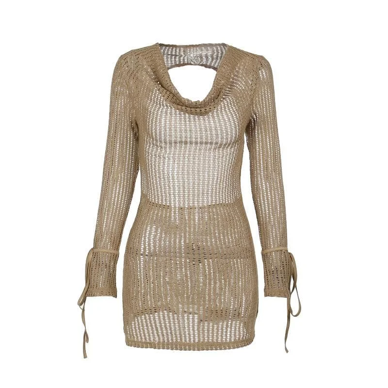 Crochet see through cowl neck long sleeve hollow out cut out mini dress Comfortable Zip-Up Mini Dress