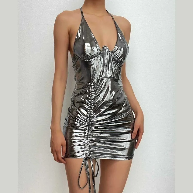 Cross front drawstring low cut metallic halter solid mini dress Fashionable Boho-Chic Mini Dress