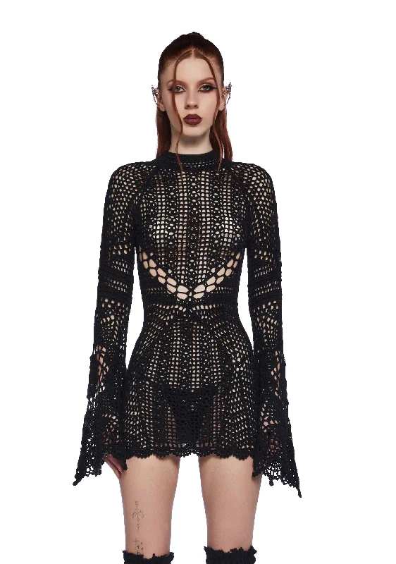 Dark Destiny Crochet Mini Dress - Black Trendy Wraparound Mini Dress