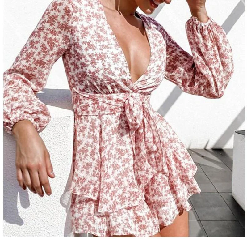 Floral Printed Long Sleeves V-Neck Mini Dress Casual Mini Dress with Pockets