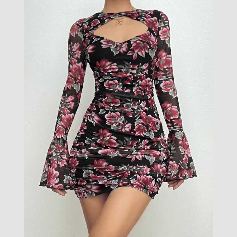 Flower print contrast hollow out long flared sleeve cut out mini dress Fashionable Button-Front Mini Dress