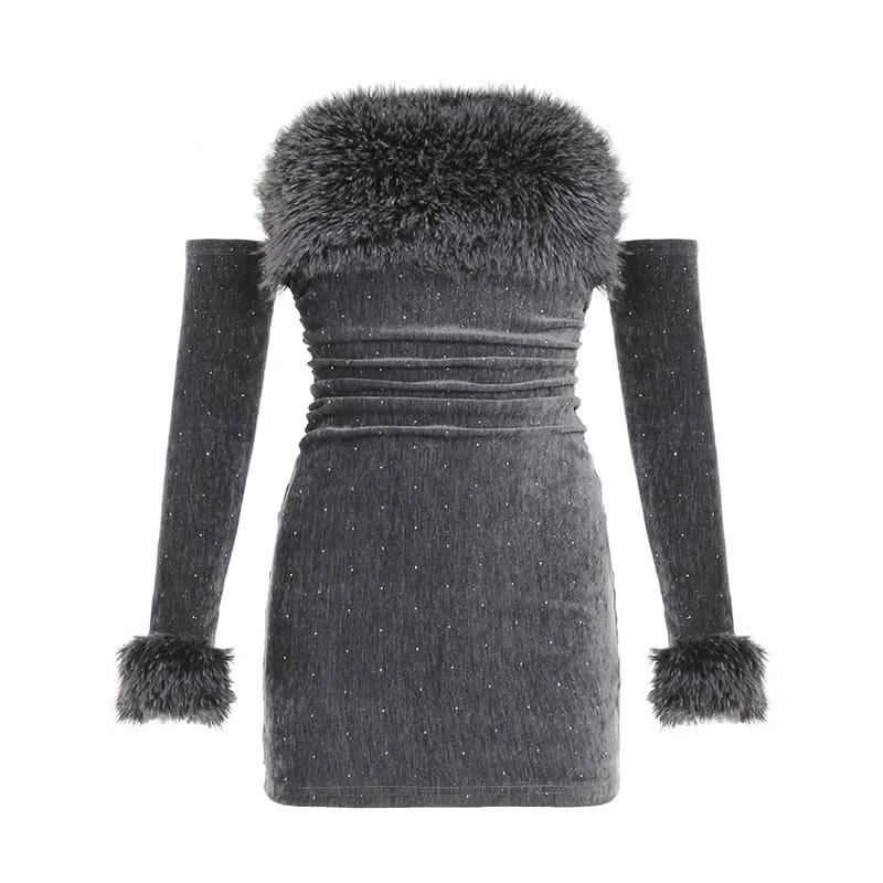 Fluffy gloves beaded tube mini dress Stylish Ribbed Mini Dress