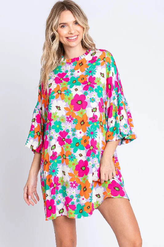 GeeGee Full Size Floral Round Neck Lantern Sleeve Mini Dress Classic Floral Print Mini Dress