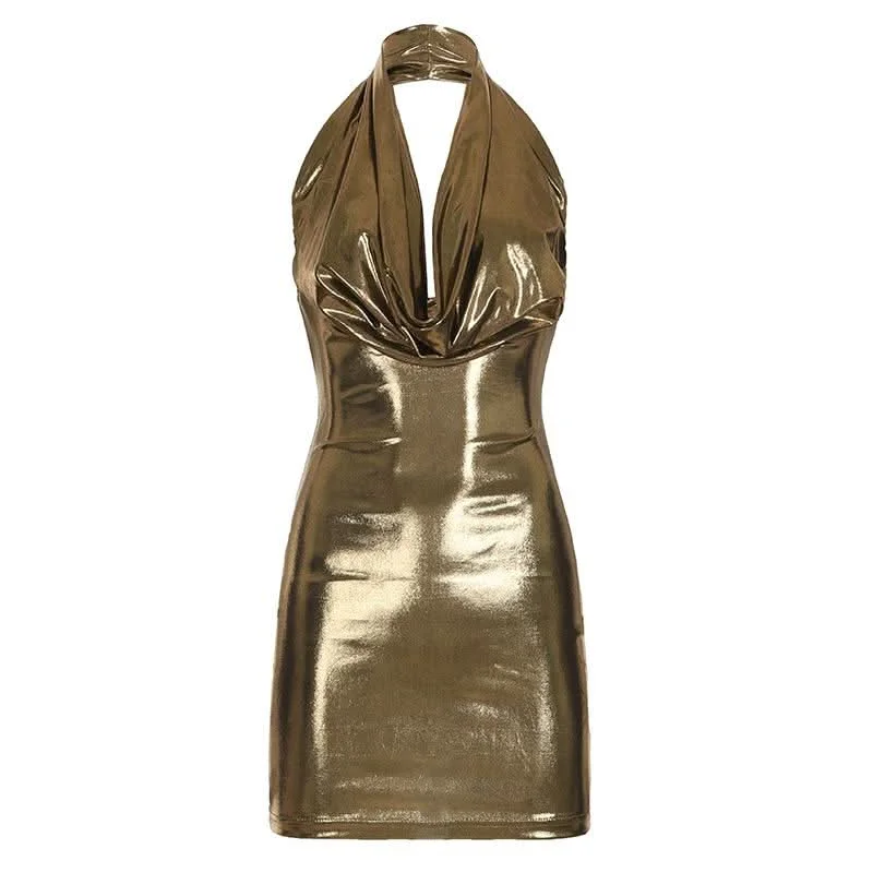 Halter cowl neck metallic backless mini dress Stylish Sweetheart Mini Dress