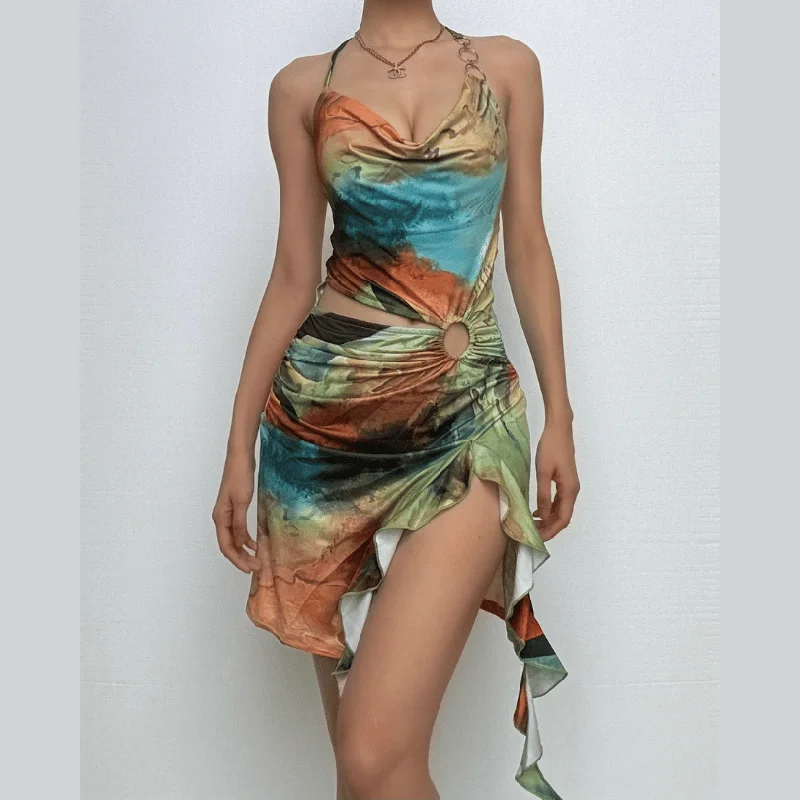 Halter print cowl neck o ring ruffle mini dress Elegant Floral-Print Mini Dress