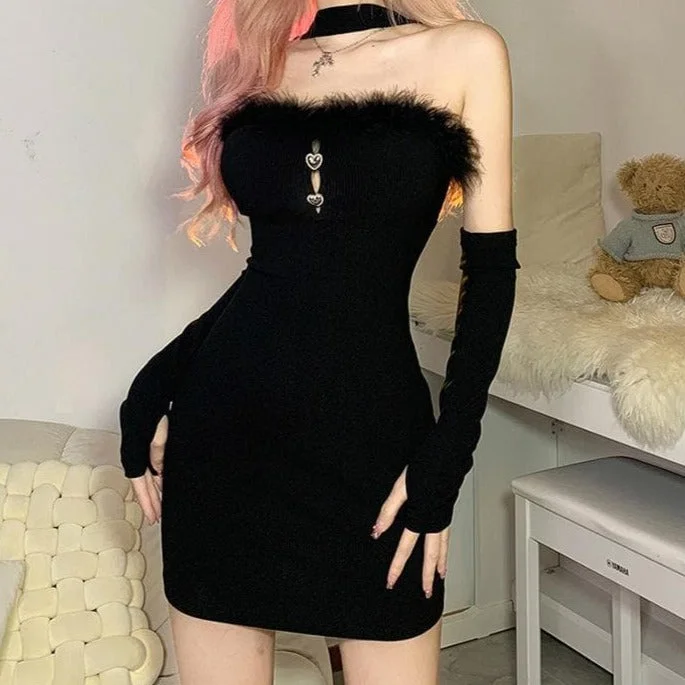 Halter solid hollow out feather gloves cut out mini dress Cozy Jersey Mini Dress