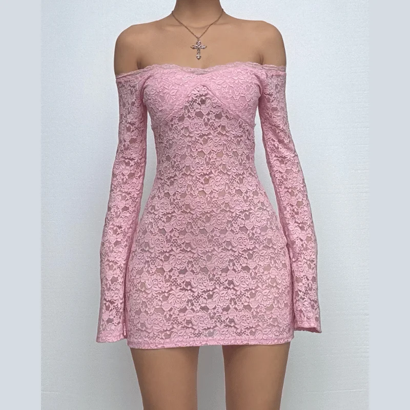 Long flared sleeve off shoulder lace see through mini dress Fashionable Mini Dress with Pockets