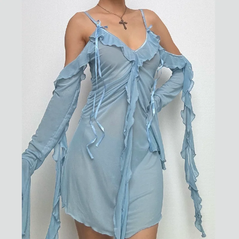 Long flared sleeve Off shoulder sheer mesh ruffle mini dress Chic Tropical Mini Dress