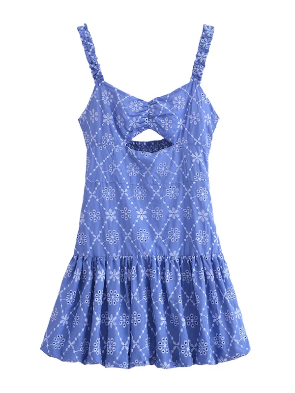 Blue Zone Planet | Olivia's Hollow Embroidery Slim Strappy Mini Dress Modern Satin Mini Dress