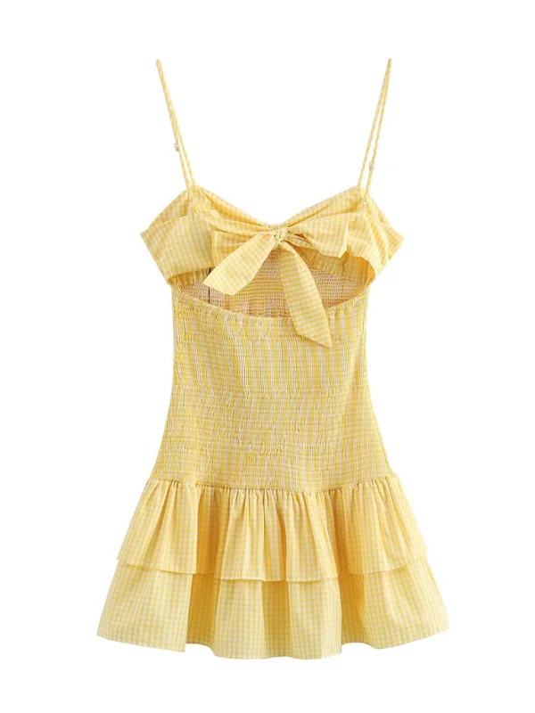 Sally's Yellow Plaid V-neck Bow Spaghetti Strap Mini Dress Chic Pleated Mini Dress