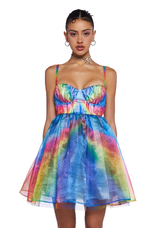 Serenity Rainbow Mini Dress Elegant Satin Lace Mini Dress