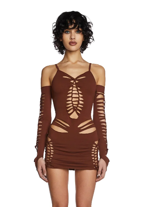 Spellbound Smiles Mini Dress - Brown Fashionable Lace-Trim Mini Dress