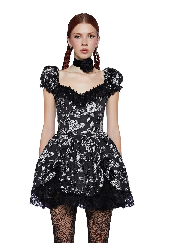 Tea And Circumstance Brocade Mini Dress - Black Stylish Ruffle Mini Dress