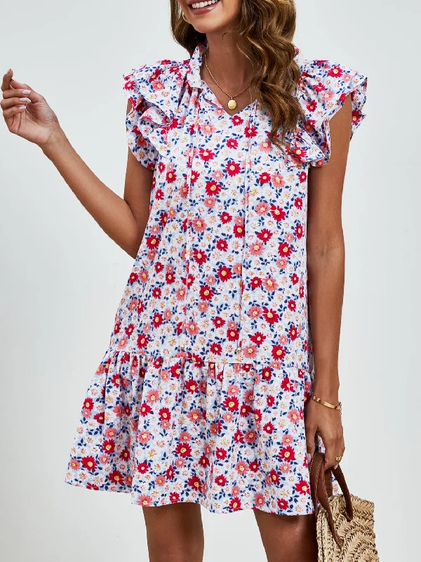 Tied Floral Cap Sleeve Mini Dress Casual Button-Up Mini Dress