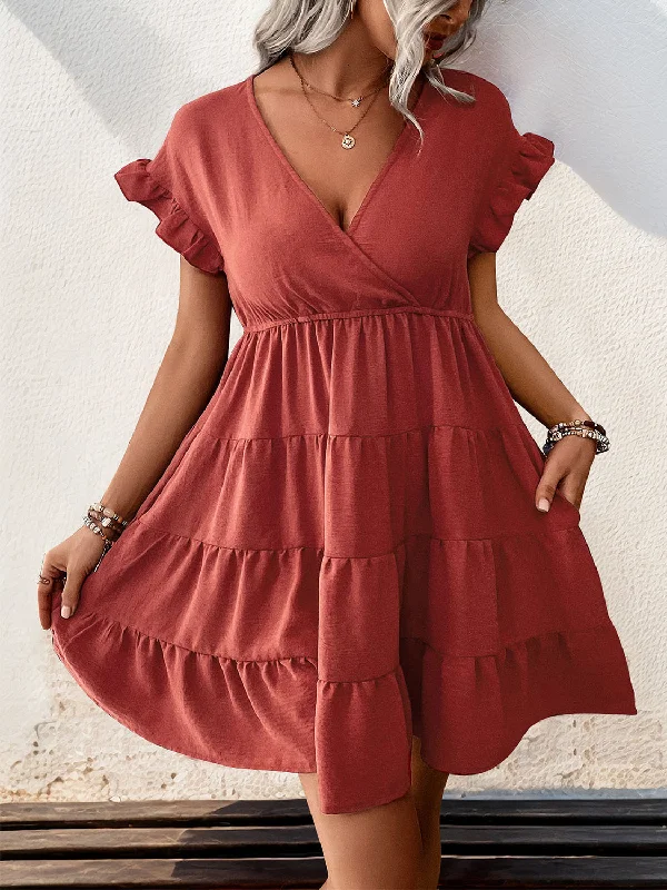 Tiered Surplice Flounce Sleeve Mini Dress Chic Puff Sleeve Mini Dress