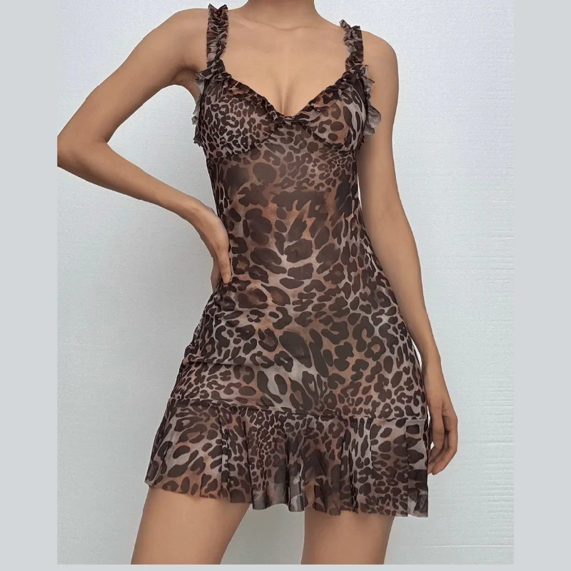 V neck leopard print lace hem ruffle cami mini dress Trendy Camisole Mini Dress