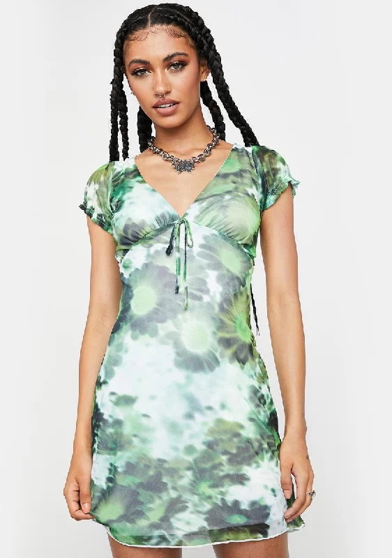 Xray Blurred Daisy Green Mesh Evilia Mini Dress Trendy Crossover Mini Dress