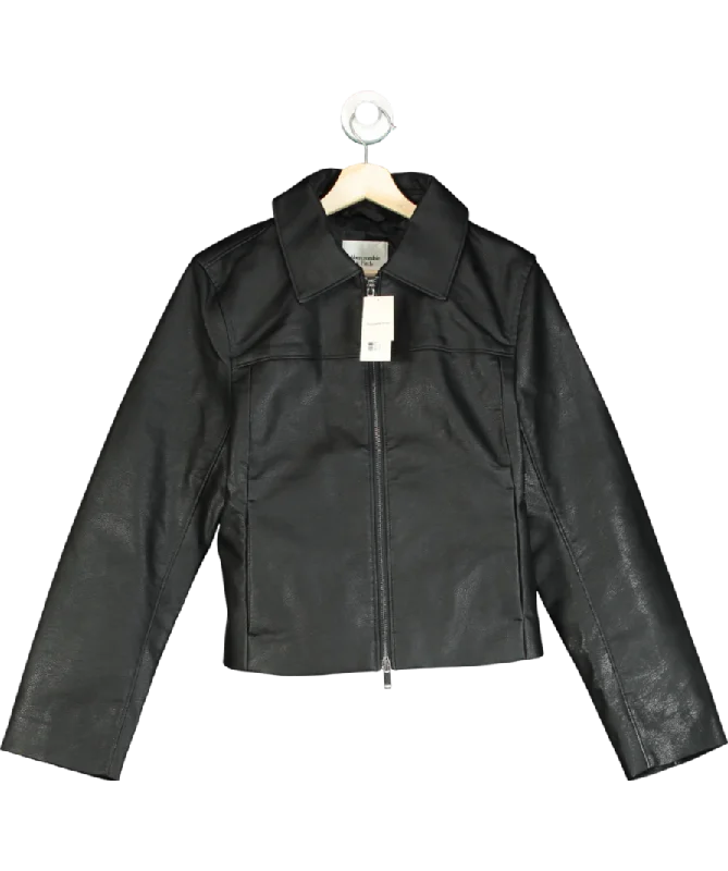 Abercrombie & Fitch Black Vegan Leather Zip Jacket UK M Nylon Jacket Polyester Jacket Spandex Jacket