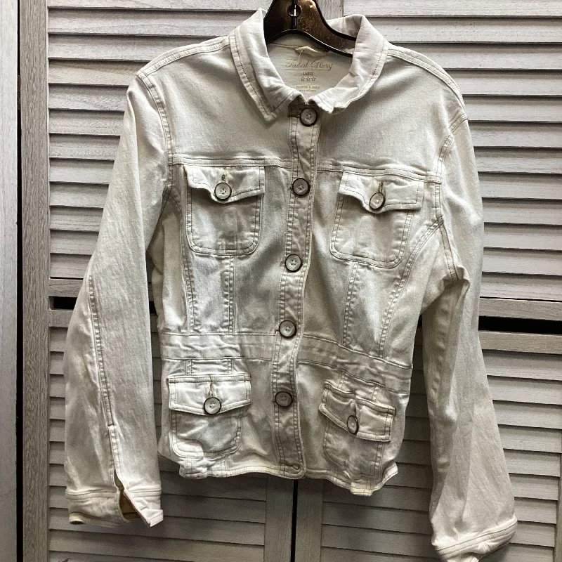 Jacket Denim By Faded Glory In White, Size: L Denim Fabric Leather Fabric Suede Fabric